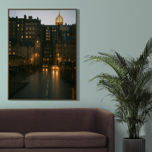 Picture frame mockup hanging in retro living room home decor interior